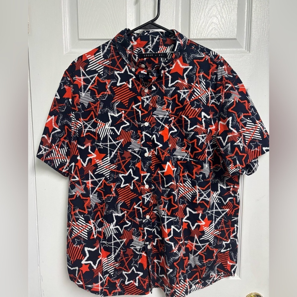 Edgar + Ash Patriotic Star Print Button Up Short Sleeve Shirt Men’s Size XL
